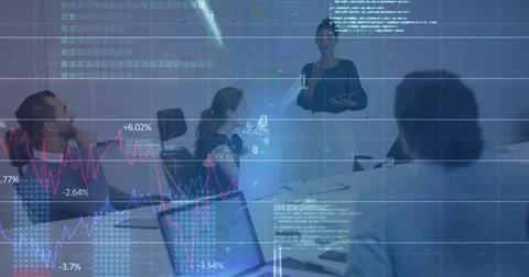 Image of financial data processing over diverse colleagues having meeting in Foto stock