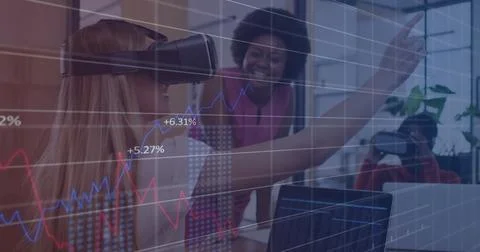 Image of financial data processing over diverse colleagues discussing work in Stock Photos