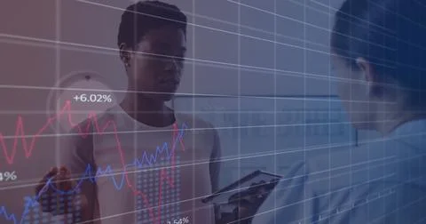 Image of financial data processing over diverse colleagues discussing work in Foto stock