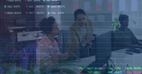 Image of financial data processing over diverse colleagues discussing work in Foto stock