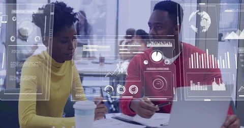 Image of financial data processing over diverse business people in office Stockfoto's