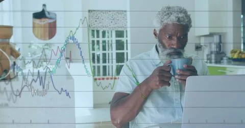 Image of financial data processing over senior african american man using laptop Stock Photos