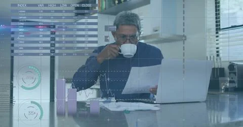 Image of financial data processing over senior asian man using laptop Stock Photos