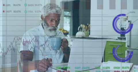 Image of financial data processing over senior african american man using laptop Stock Photos