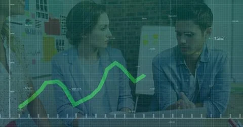 Image of financial data processing over diverse colleagues discussing work in Stock Photos