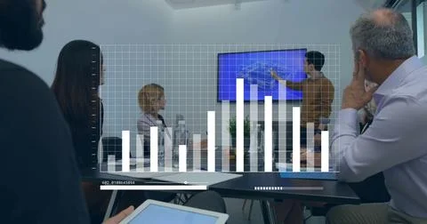Image of financial data processing over diverse business people in office Foto stock