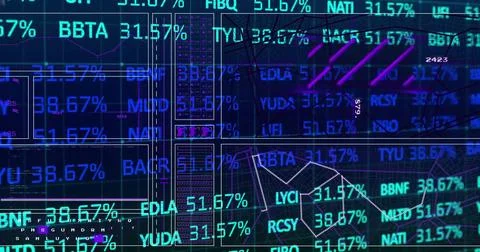 Image of financial data processing over grid on dark background Stock Photos