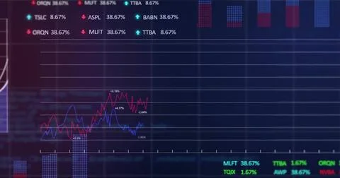 Image of financial data processing over grid on dark background Stock Photos