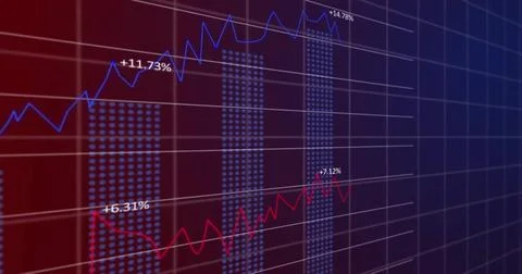 Image of financial data processing over grid on dark background Stock Photos