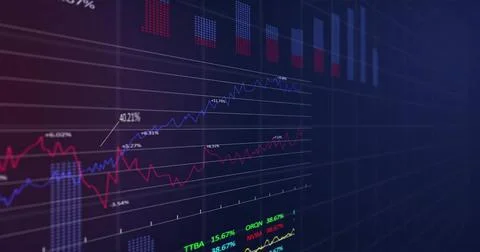 Image of financial data processing over grid on dark background Stock Photos