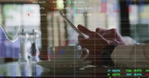 Image of financial data processing over caucasian man using smartphone Stock Photos