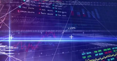 Image of financial data processing over grid on dark background 写真素材
