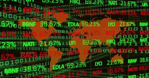 Image of financial data processing over world map on dark background Stock Photos