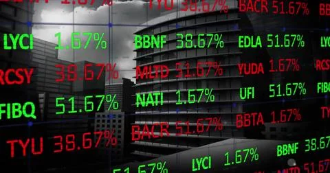 Image of financial data processing over cityscape background 스톡 사진