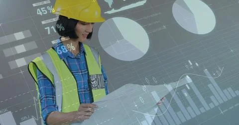 Image of financial data processing over biracial female architect using tablet Stock Photos