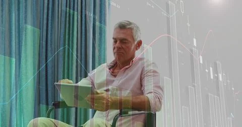 Image of financial data processing over senior caucasian man using tablet Stock Photos
