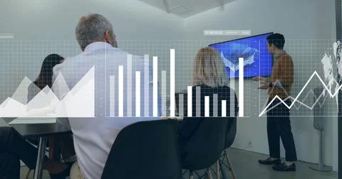 Image of financial data processing over diverse business people in office Foto stock