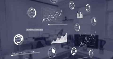 Image of financial data processing over empty office Stock Photos