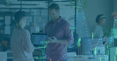 Image of financial data processing over diverse business people in office Stock Photos