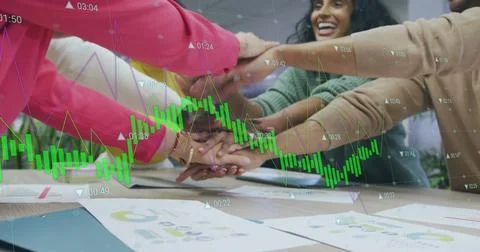 Image of financial data processing over diverse business people in office 写真素材