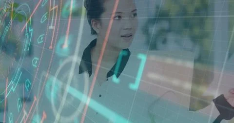 Image of financial data processing over asian businesswoman using computer 스톡 사진