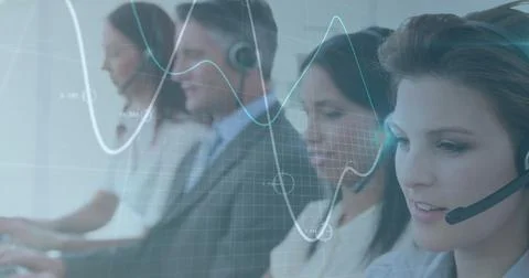 Image of financial data processing over diverse colleagues using phone headsets Stockfoto's