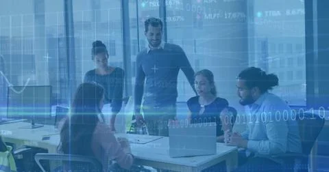 Image of financial data processing over diverse business people using laptop 스톡 사진