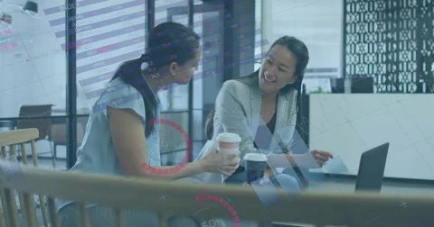Image of financial data processing over diverse business people in office Foto stock