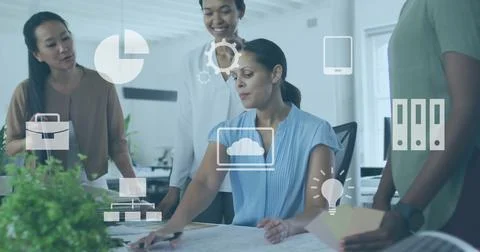 Image of financial data processing over diverse business people in office Foto stock