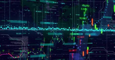 Image of financial data processing over grid on dark background 스톡 사진