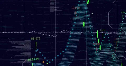 Image of financial data processing over grid on dark background 写真素材