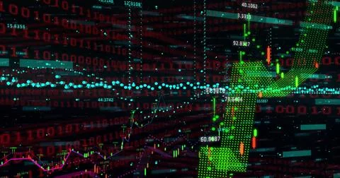 Image of financial data processing over grid on dark background Stock Photos