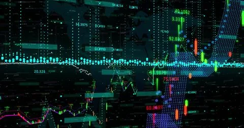Image of financial data processing over grid on dark background Stock Photos