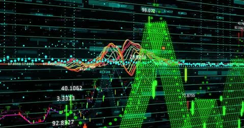Image of financial data processing over grid on dark background 写真素材