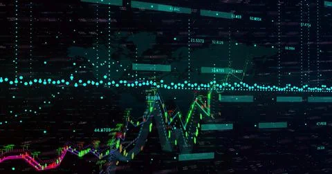 Image of financial data processing over grid on dark background 스톡 사진