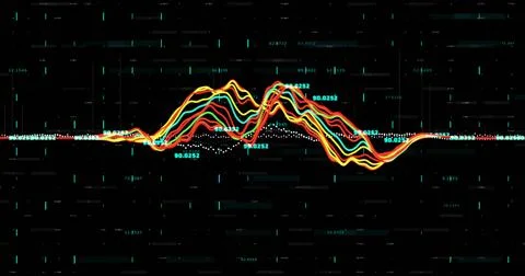 Image of financial data processing over grid on dark background Stockfoto's