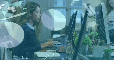 Image of financial data processing over caucasian businesswoman using computer Stock Photos