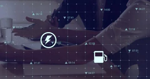 Image of financial data processing over diverse business people in office Foto stock