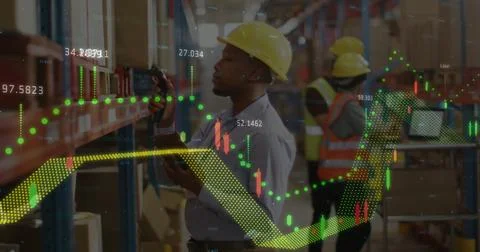Image of financial data processing over biracial man working in warehouse Foto stock