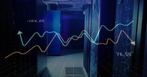 Image of financial data processing over server room Stockfoto's