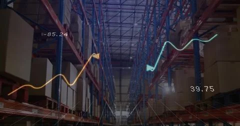 Image of financial data processing over warehouse Stockfoto's