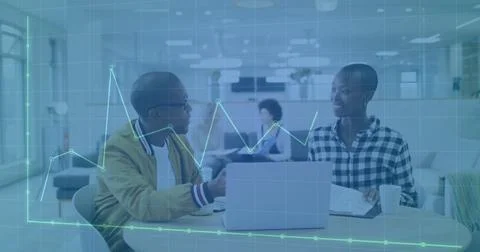 Image of financial data processing over diverse colleagues discussing work in 写真素材