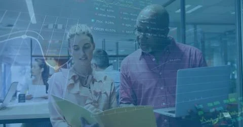 Image of financial data processing over diverse colleagues discussing work in Stock Photos
