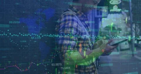 Image of financial data processing over caucasian man using smartphone in city Stock Photos