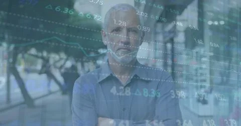 Image of financial data processing over caucasian man in city 스톡 사진
