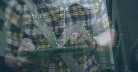 Image of financial data processing over caucasian man using tablet in city Stock Photos
