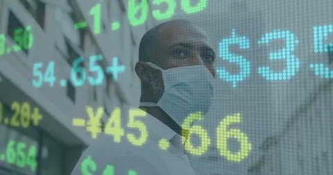 Image of financial data processing over african american man in face mask in 스톡 사진