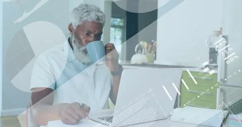 Image of financial data processing over african american man using laptop Stock Photos