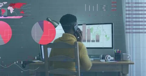 Image of financial data processing over african american woman using computer Stock Photos