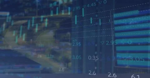Image of financial data processing over cityscape Stock Photos